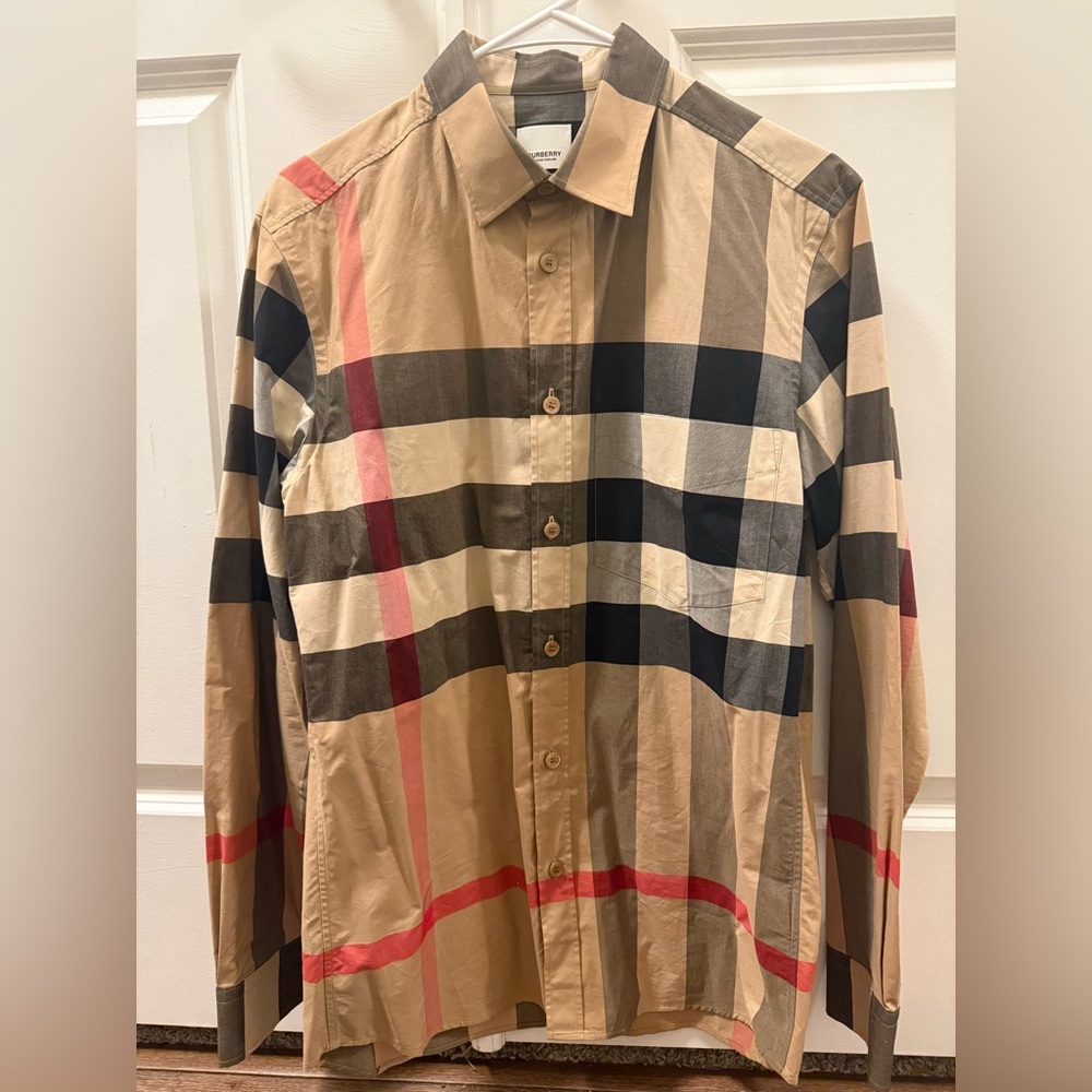 Burberry Khaki Plaid Dress Shirt with Black and Red Stripes